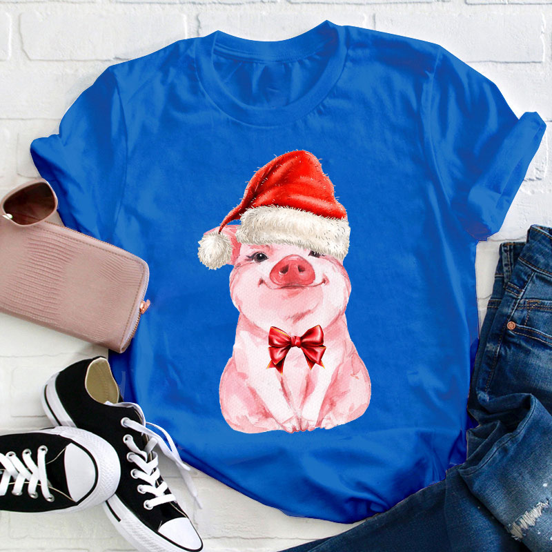 Cute Pig Wearing Christmas Hat Teacher T-Shirt