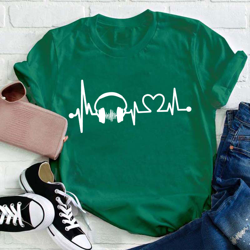 Music Headphones And Heartbeat Teacher T-Shirt