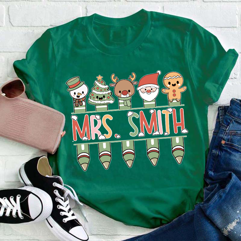 Personalized Name Cute Christmas Pen Teacher T-Shirt