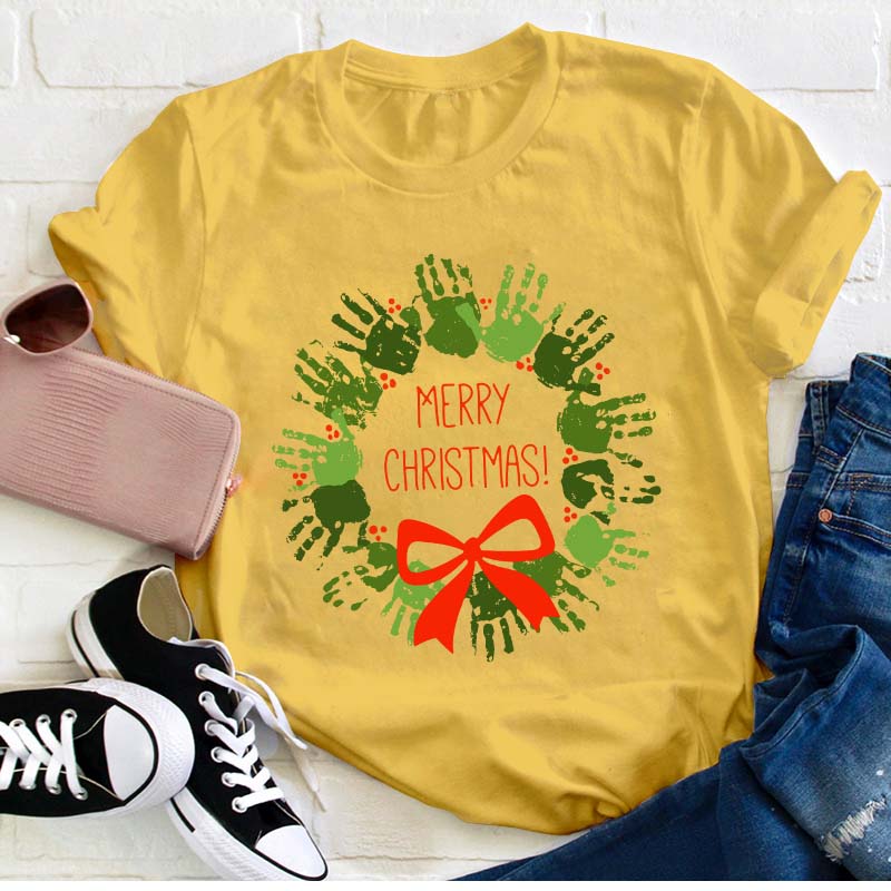 Cute Hands Merry Christmas Teacher T-Shirt