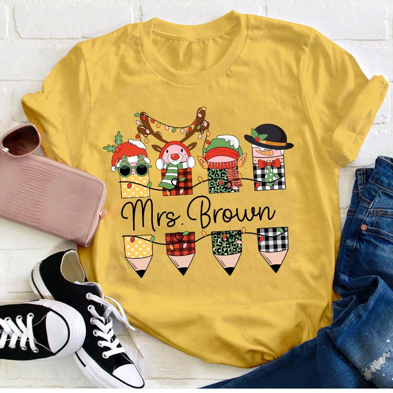Personalized Name Cute Christmas Pencils Teacher T-Shirt