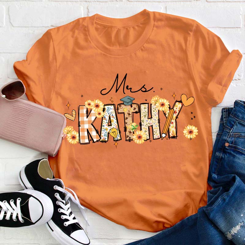 Personalized Name Cute Sunflower Teacher T-Shirt
