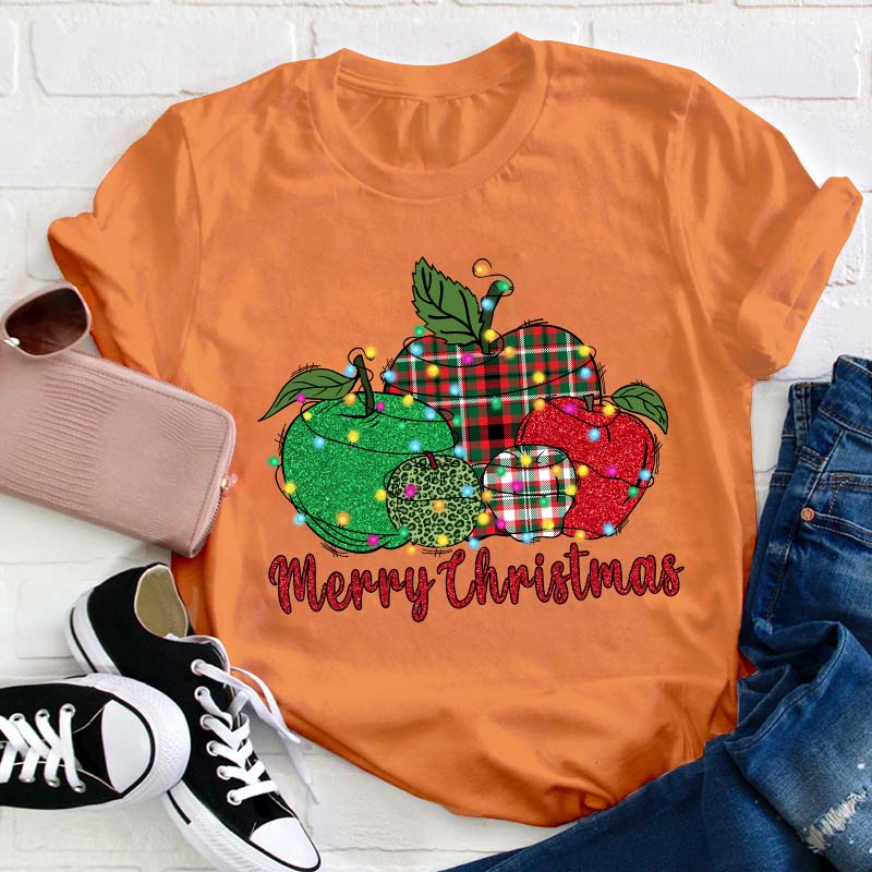 Christmas Apples Surrounded By Lights Teacher T-Shirt