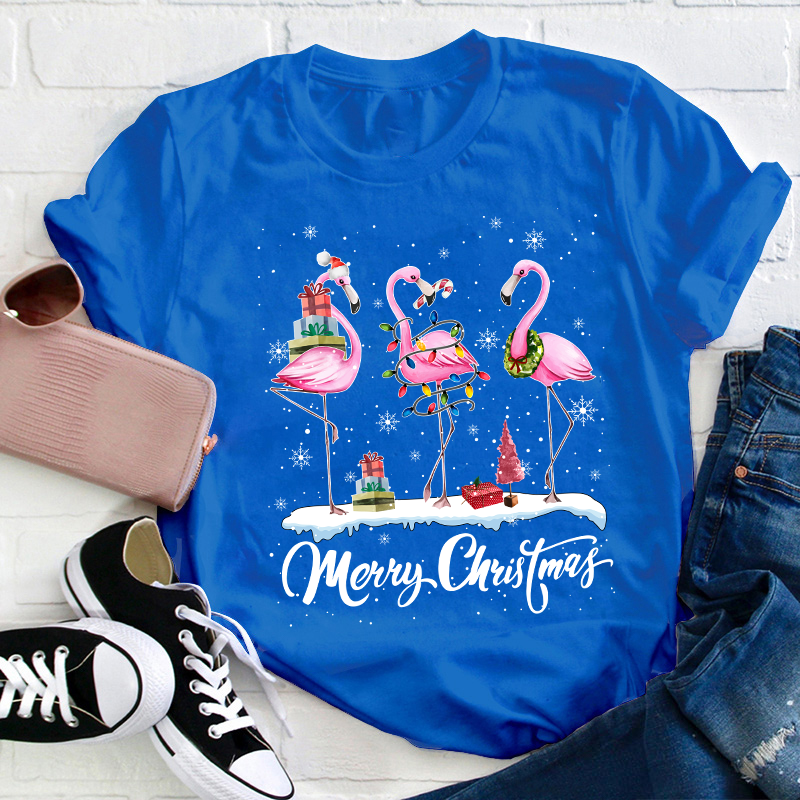 Pink Flamingo Merry Christmas Teacher T-Shirt