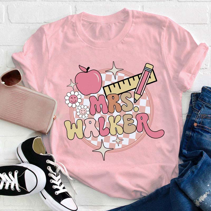 Personalized Pink Checkerboard Teacher T-Shirt