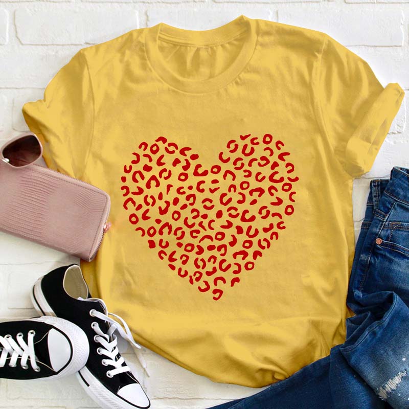 Red Leopard Heart Teacher T-Shirt
