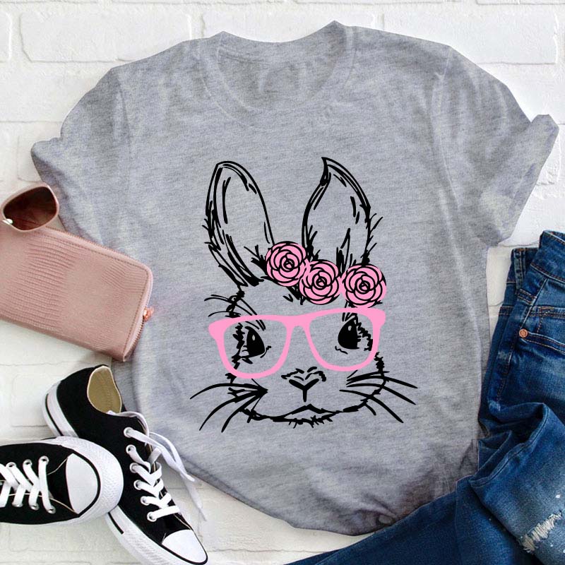 Bunny With Pink Glasses Teacher T-Shirt