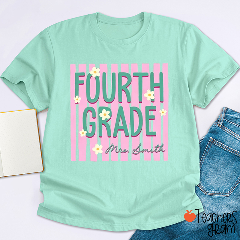 Personalized Grade And Name Daisy Striped Teacher T Shirt