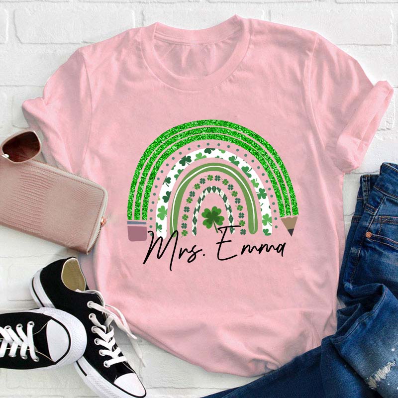 Personalized Green Rainbow Pencil Name Teacher T-Shirt