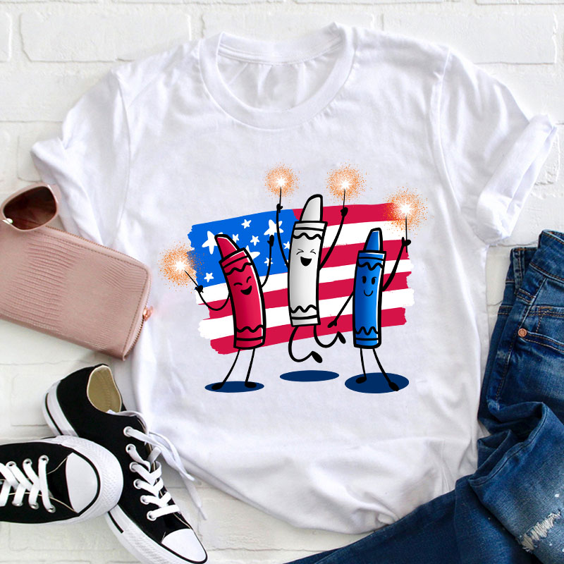 4th Of July Color Crayon Teacher T-Shirt