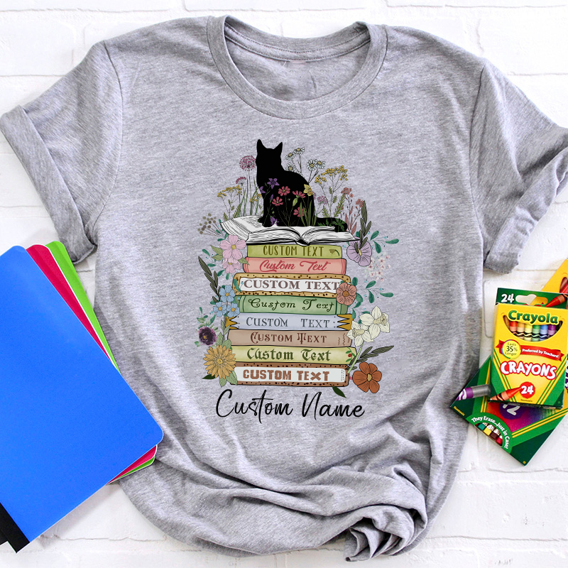 Personalized Vintage Floral Cat Books Teacher T-Shirt