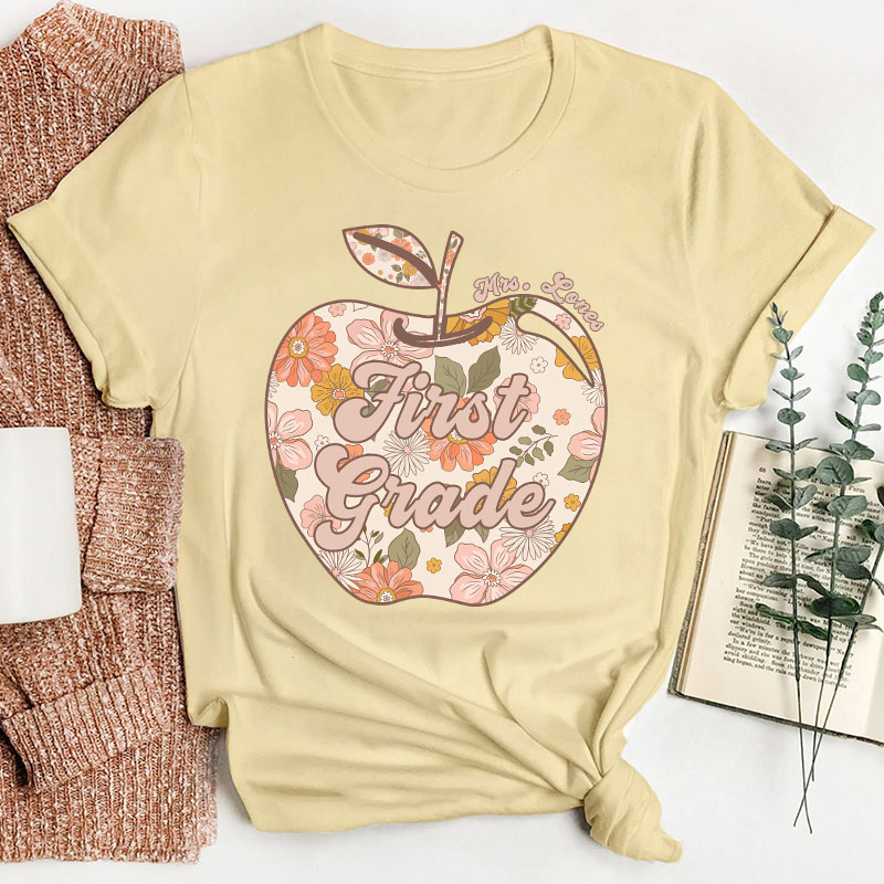 Personalized Vintage Floral Print Apple Teacher T-Shirt