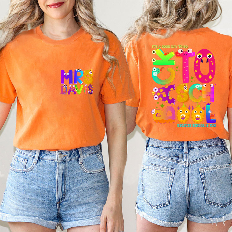 Personalized Name Cute Animal Alphabet Teacher Two Sided T-Shirt