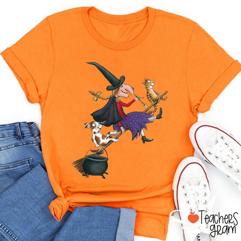 Witch Dog Cat Dark Gothic Halloween Teacher T-Shirt
