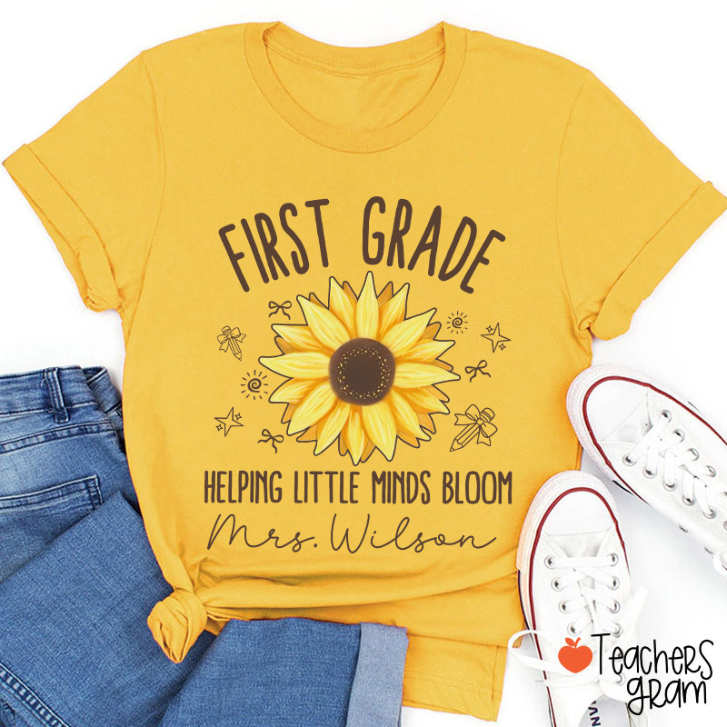 Personalized Grade And Name Helping Little Minds Bloom Teacher T-Shirt