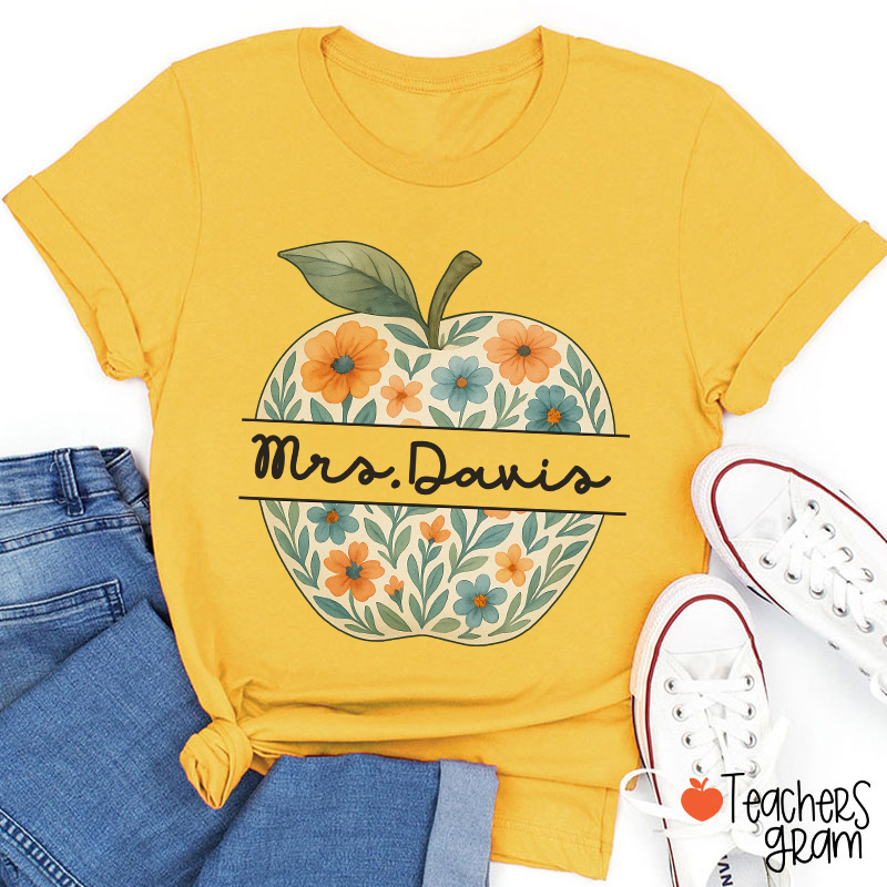 Personalized Name Vintage Floral Apple Teacher T-Shirt