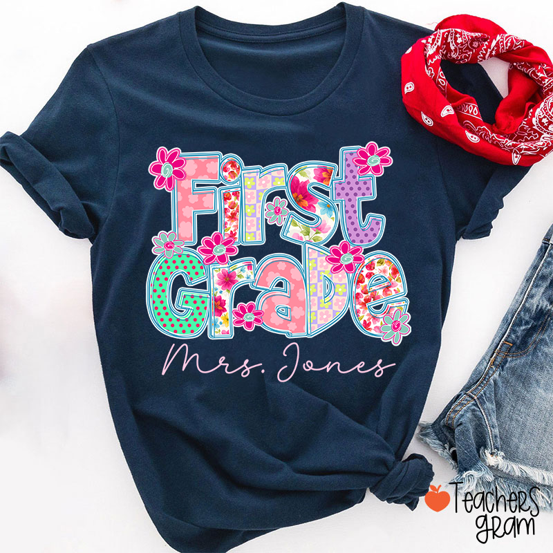 Personalized Grade Flowers Font Teacher T-Shirt