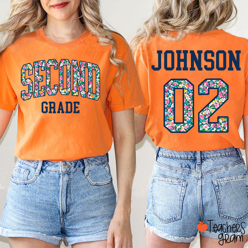 Personalized Grade And Name Flowers Fonts Back To School Teacher Two Sided T-Shirt