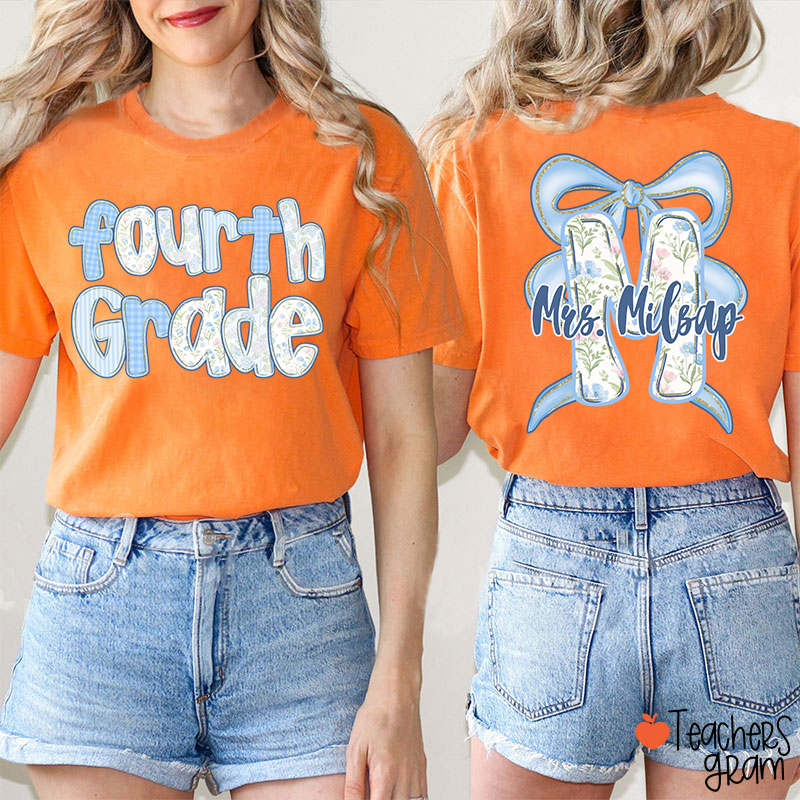 Personalized Grade And Name Initials Blue Bow Teacher Two Sided T-Shirt