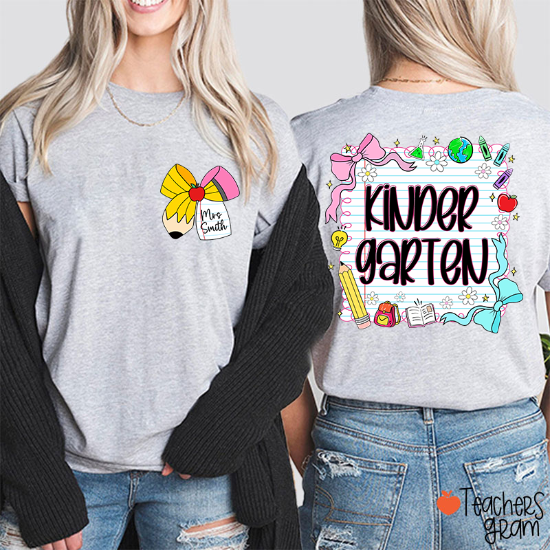 Personalized Grade And Name Pencil Bow Notebook Teacher Two Sided T-Shirt