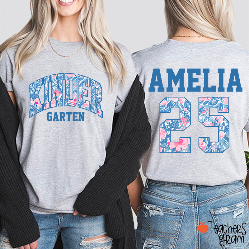 Personalized Flower And Leaf Pattern Text And Numbers Teacher Two Sided T-Shirt