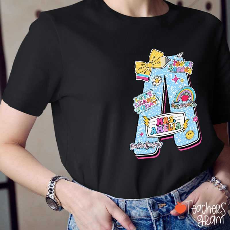 Personalized Notebook Style Letter Name Teacher T-Shirt