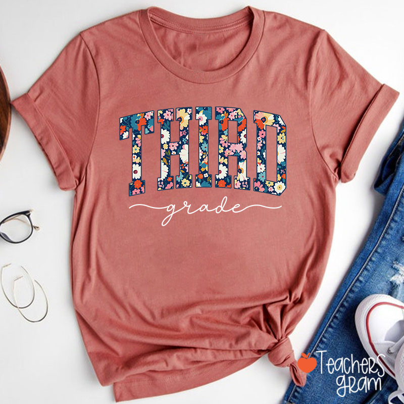 Personalized Grade Blue Floral Teacher T-Shirt
