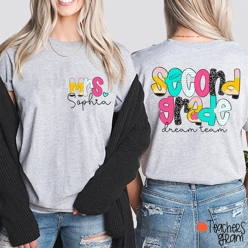 Personalized Grade And Name Pencil Notebook Teacher Two Sided T-Shirt