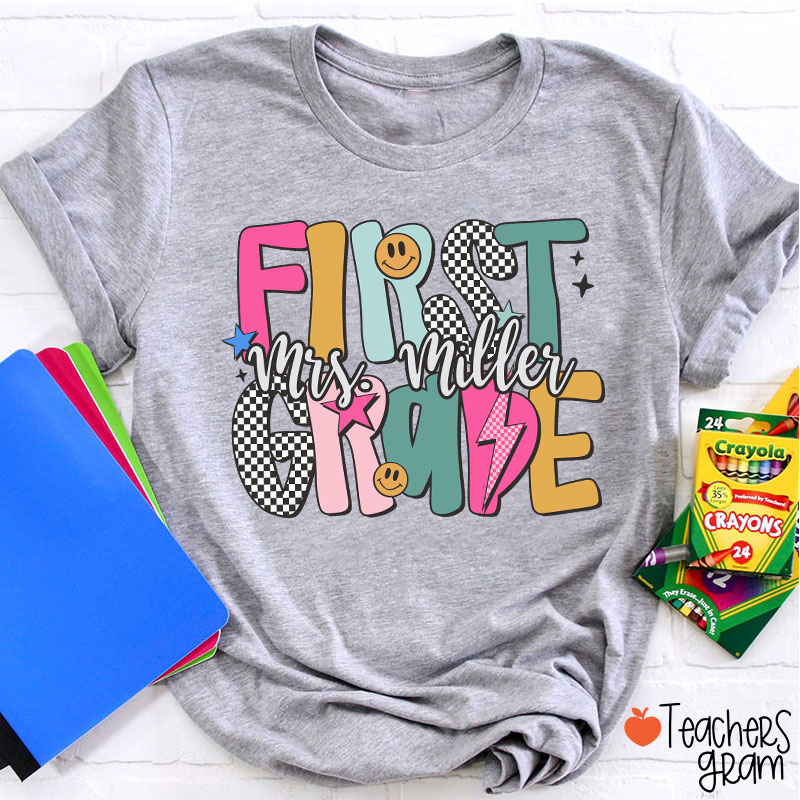 Personalized Grade Checkered Smiley Lightning Teacher T-Shirt