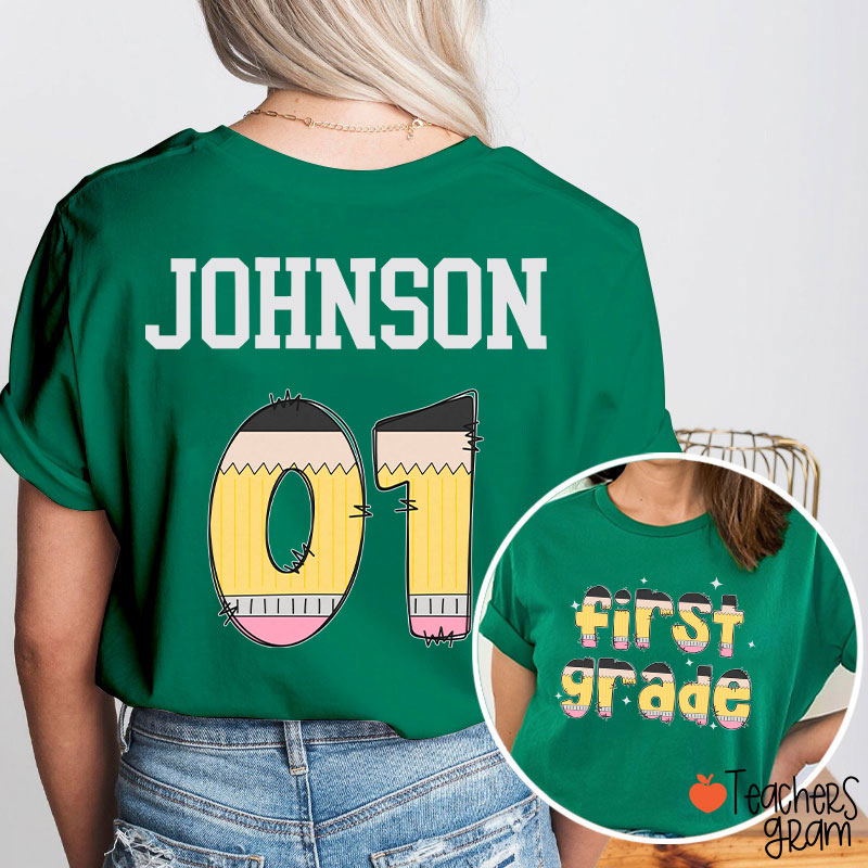 Personalized Pencil Pattern Letters And Numbers Teacher Two Sided T-Shirt