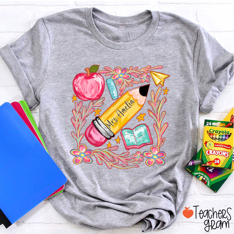 Flowers Pencil Apple Book Star Teacher T-Shirt