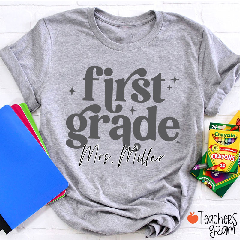 Personalized Grade Name Monochrome Stars Teacher T-Shirt