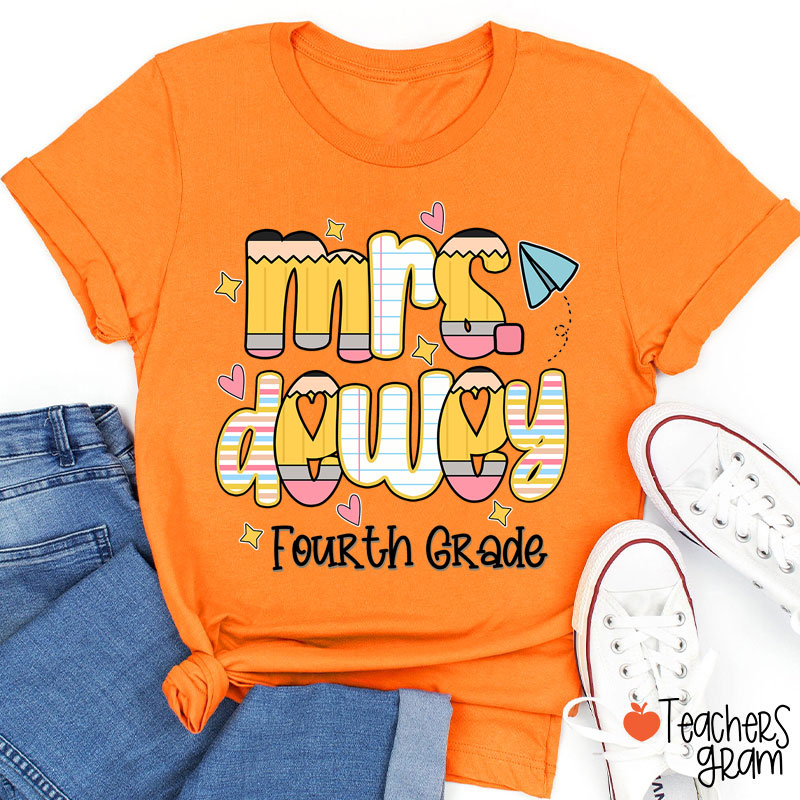 Personalized Name Grade Pencil Notebook Heart Star Paper Plane Teacher T-Shirt