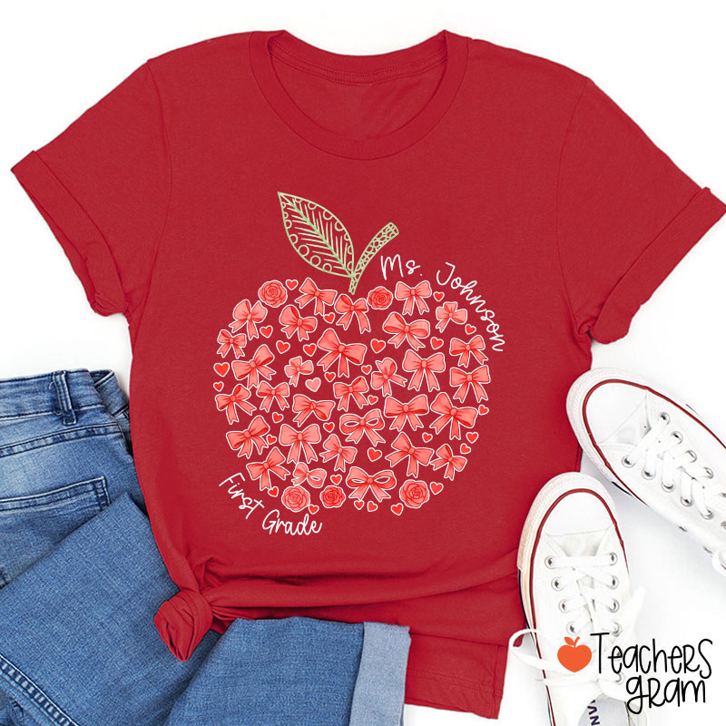 Personalized Name Or Grade Bow Apple Teacher T-Shirt
