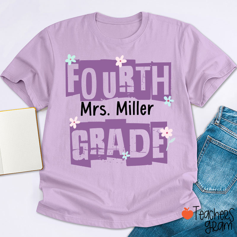 Personalized Grade Name Hollow Monochrome Flowers Teacher T-Shirt