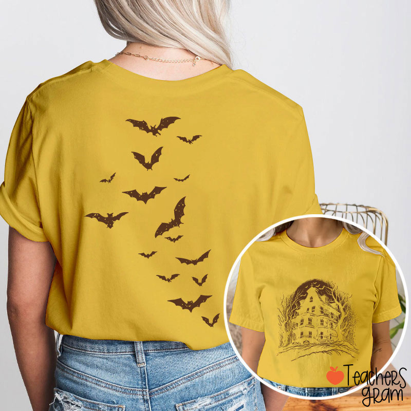 Vintage Haunted House Spooky Season Teacher Two Sided T-Shirt