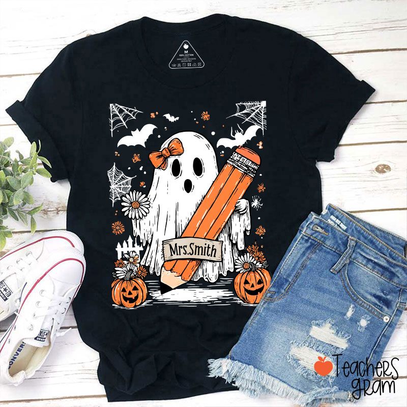 Personalized Name Cute Ghost Floral Halloween Teacher T-Shirt
