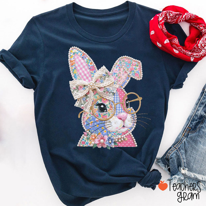 Faux Patchwork Bunny Teacher T-Shirt