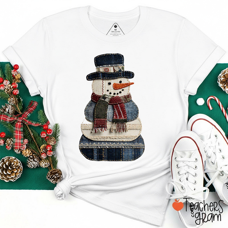 Faux Patchwork Snowman Teacher T-Shirt