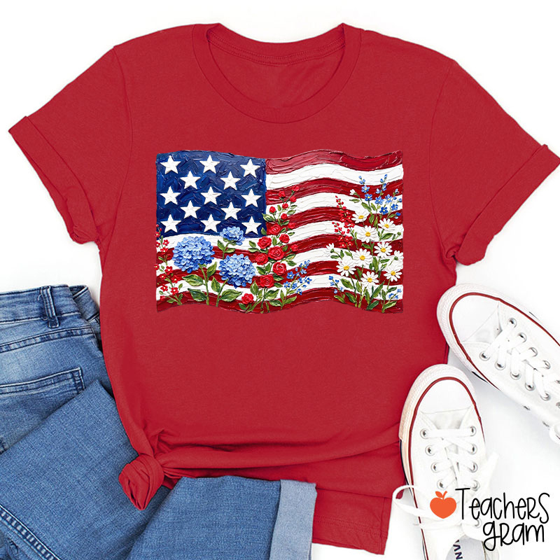 Floral American Flag Teacher T-Shirt