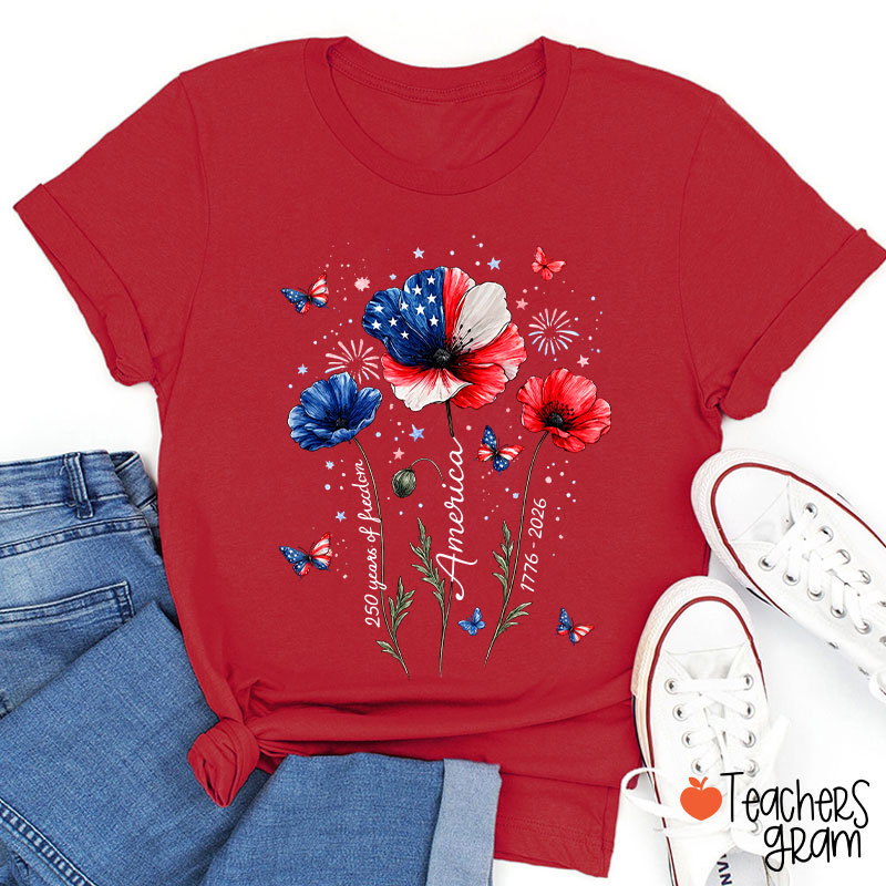 4th Of July 250 Years Of Freedom Floral Teacher T-Shirt