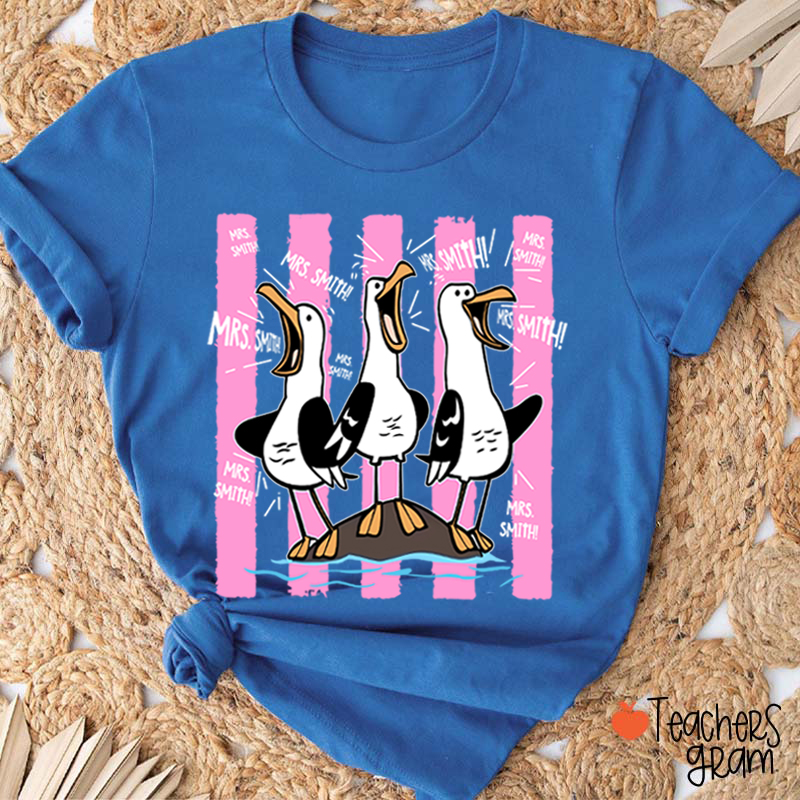 Personalized Pink Stripes Seagull Meme Teacher T-Shirt