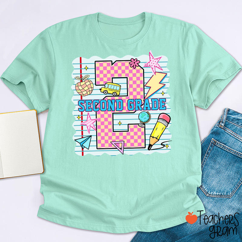 Personalized Pink Plaid And Notebook Style Teacher T-Shirt