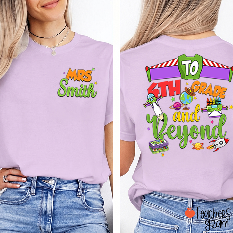 Personalized Grade Cartoon School Supply Rocket Teacher Two Sided T-Shirt