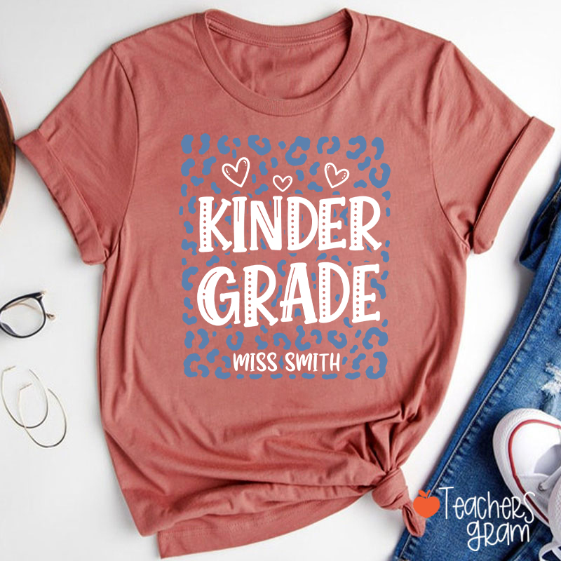 Personalized Name And Grade Leopard Heart Teacher T-Shirt