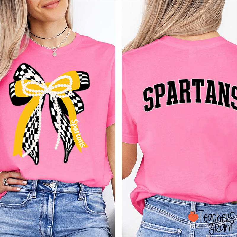 Personalized Mascot Varsity Curved Bow Theme Teacher Two Sided T-Shirt