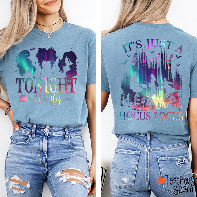 Tonight We Fly Witch Silhouette Broom Bat Teacher Two Sided T‑Shirt