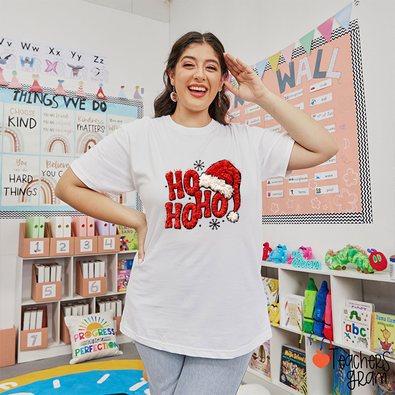 Faux Yarn Ho Ho Ho  Santa Hat Teacher T-Shirt