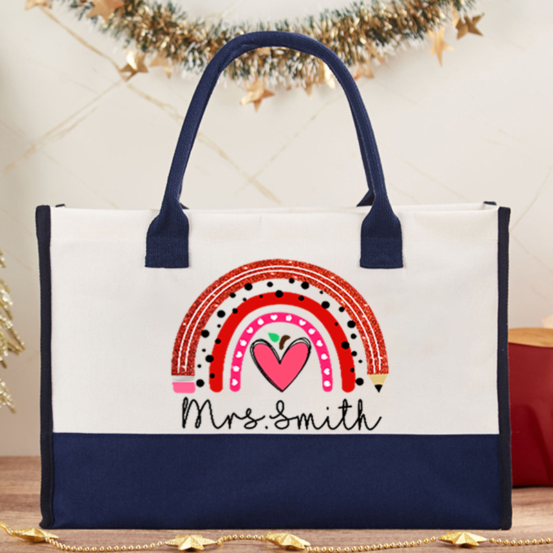 Personalized Rainbow Pencil Heart Shaped Apple Teacher Cotton Tote Bag