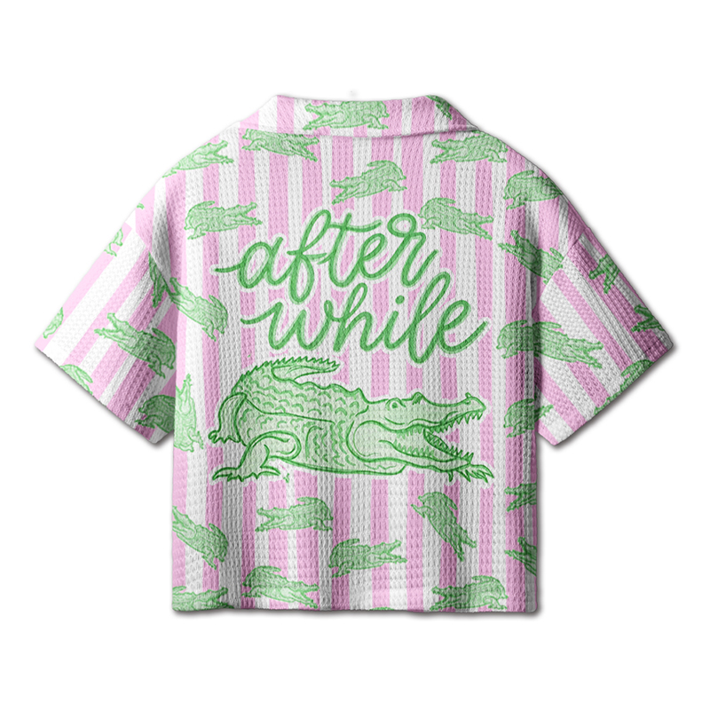 After While Crocodile Girly Preppy Boutique Teacher Crochet Crop Camp Shirt